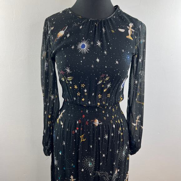 ZARA Black Celestial Dress Galaxy Back Button Waist Smocked Jewel Neck Size XS - Picture 3 of 8